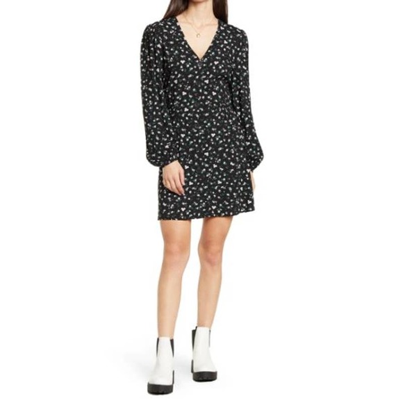 Abound Black Floral Daydreamer Long Sleeve Button Front Mini Dress NWT Large - Picture 1 of 8